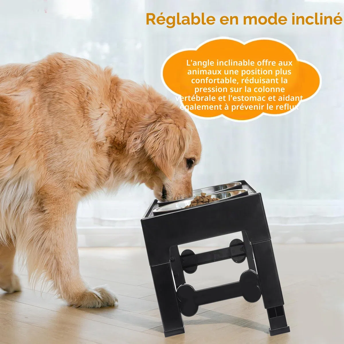 Marchul Gamelle Chien Surélevées de 4 Hauteurs Ajustables, Gamelle pour Chien avec 2 Bols en Acier Inoxydable, Pliable, Antidérapant, Convient aux Petits, Moyens et Grands Chiens