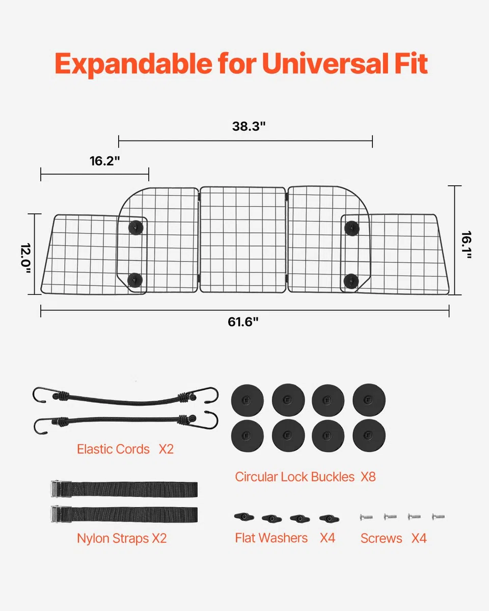 VEVOR Barrière de Voiture pour Chien Réglable 97,2-156,5 cm, Grille Pare-Chien en Treillis Métallique Robuste pour Siège Arrière, Universel pour Animaux de Compagnie, SUV, Berline, Camions, Véhicules