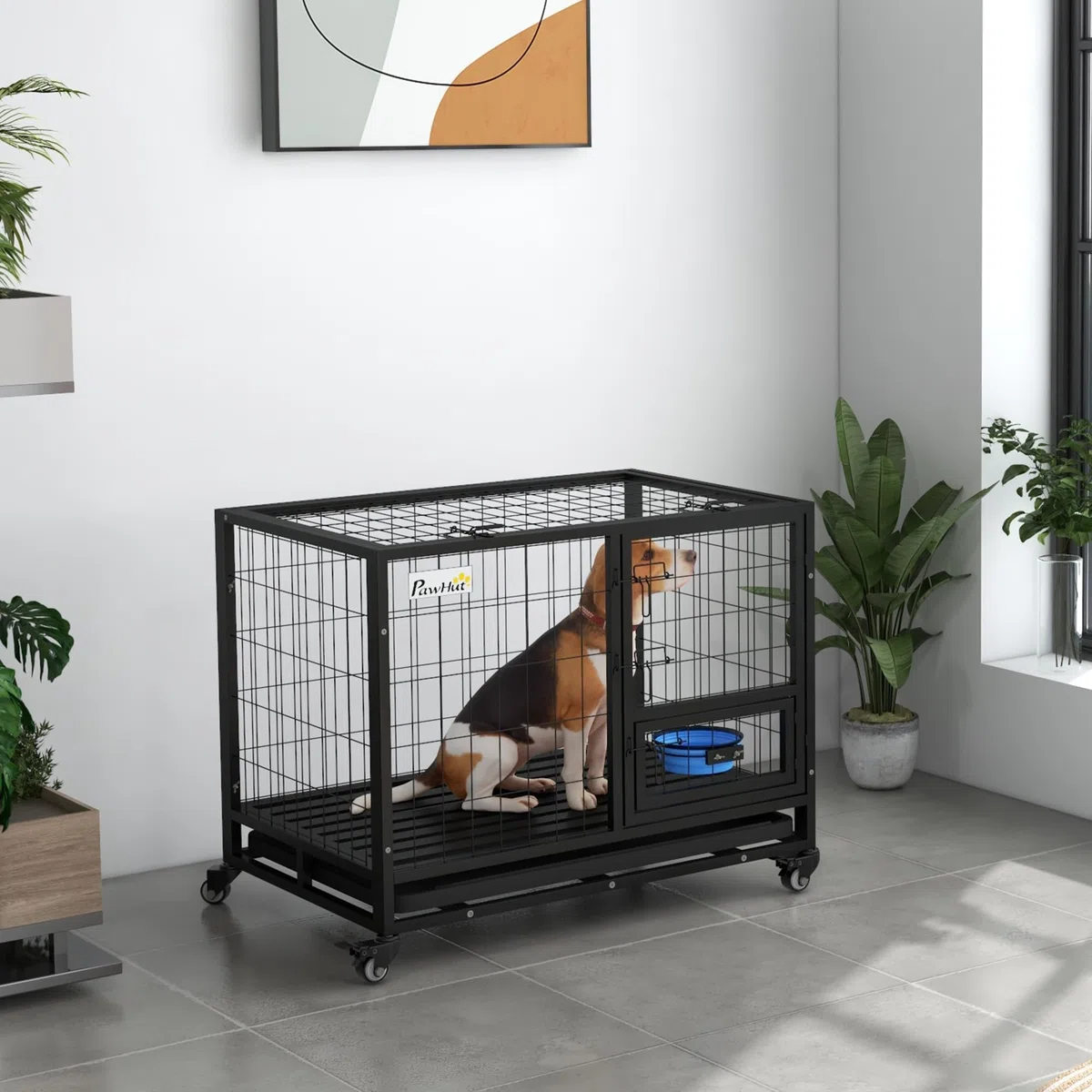 PawHut Cage pour Chien Animaux Cage de Transport sur roulettes avec 2 Portes verrouillables Support de gamelle Plateau Amovible en Acier dim. 92L x 62l x 73H cm Noir
