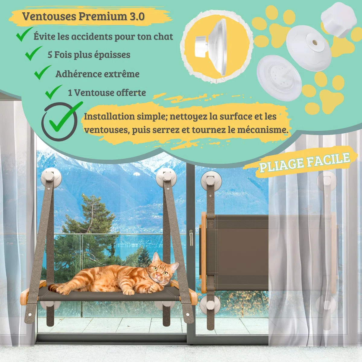 Hamac Chat fenêtre en Bambou Massif – 5 ventouses 3.0 Ultra résistantes – Hamac pour Chat avec Tissu Oxford Respirant – Installation Facile (Manuel Inclus) – Hamac Letvan de Budosín