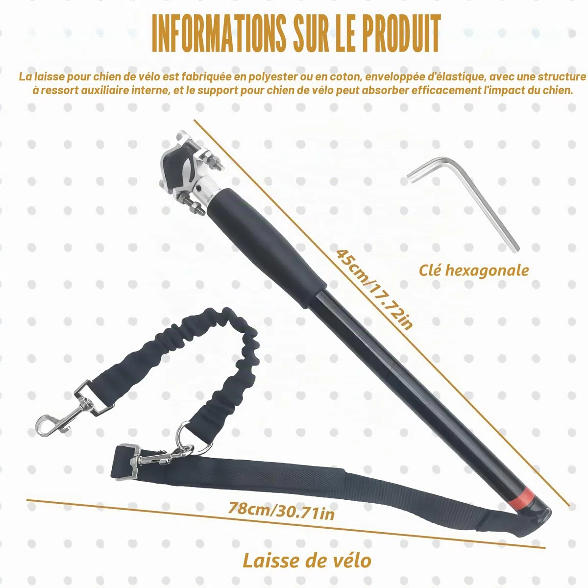Laisse de vélo pour chien : laisse d'exercice rétractable, mains libres, avec clé hexagonale et joint en caoutchouc, entraînement pour chiens