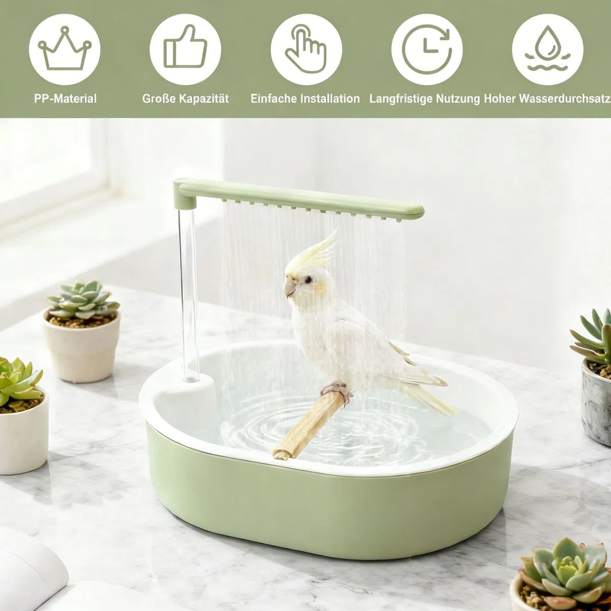 Bain d'oiseaux 32 x 26 cm pour perruches en polypropylène Vert Style frais Circulation automatique de l'eau de pluie Douche d'oiseaux avec 26 sorties d'eau pour