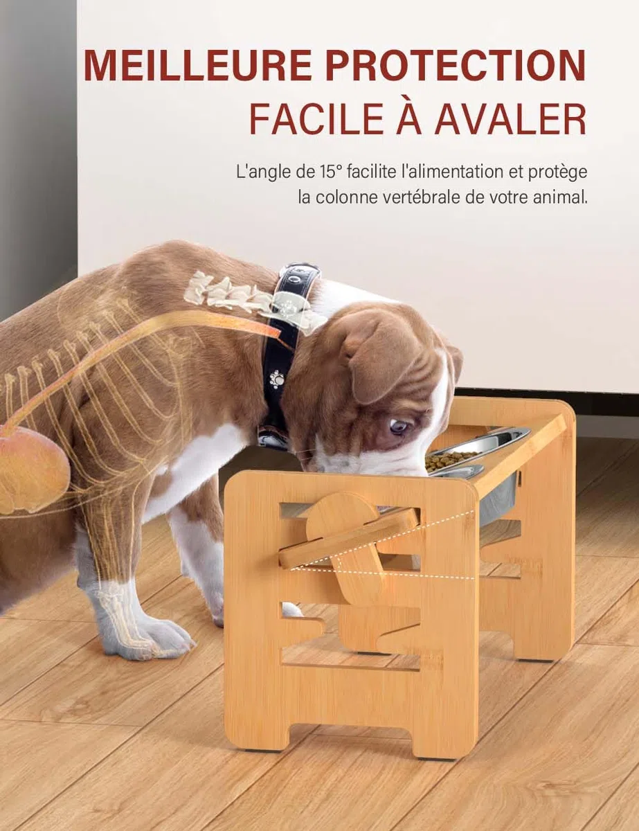 Vantic Gamelle Chien Surelevee de 6 Hauteurs Ajustables, Support Gamelle Chien Surelevee, Station d'alimentation en Bambou avec 2 Bols en Acier Inoxydable