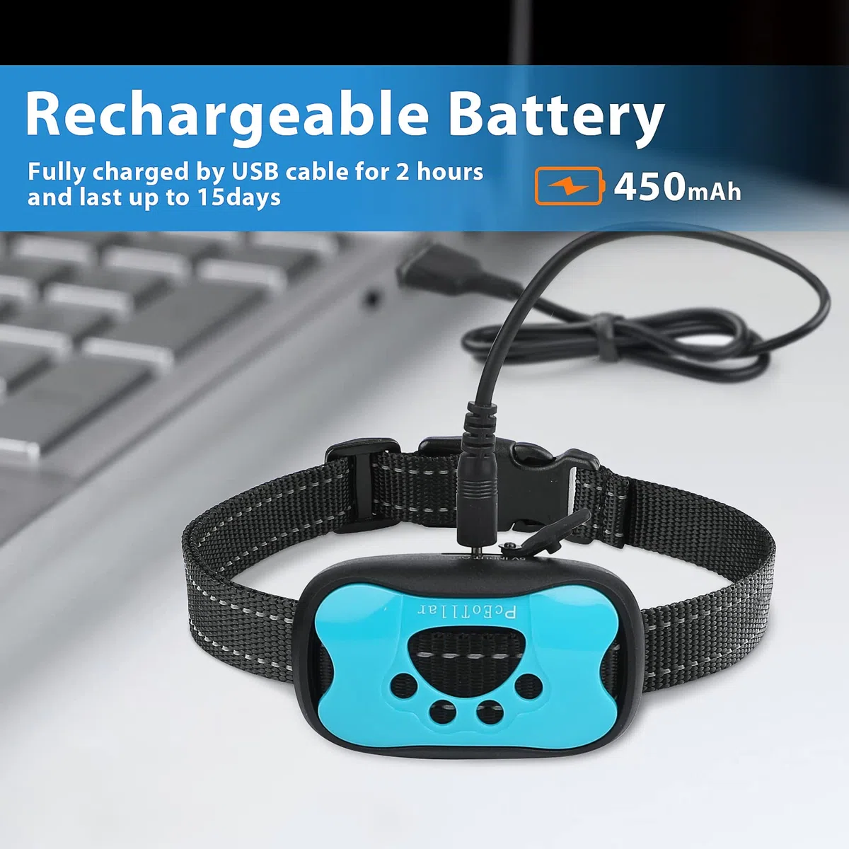 PcEoTllar Rechargeable Collier Anti aboiement Chien pour Petit Moyen Grand Chien, Intelligente Collier Dressage avec 2 Modes Vibration et Son 7 Niveaux de Sensibilité, Bleu