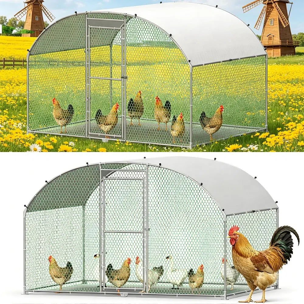 Poulailler avec aire de jeux 3x2m - Cages en métal pour petits animaux avec serrure de sécurité - Couverture imperméable pour sortie de poules - Parc pour poules résistant à l'hiver