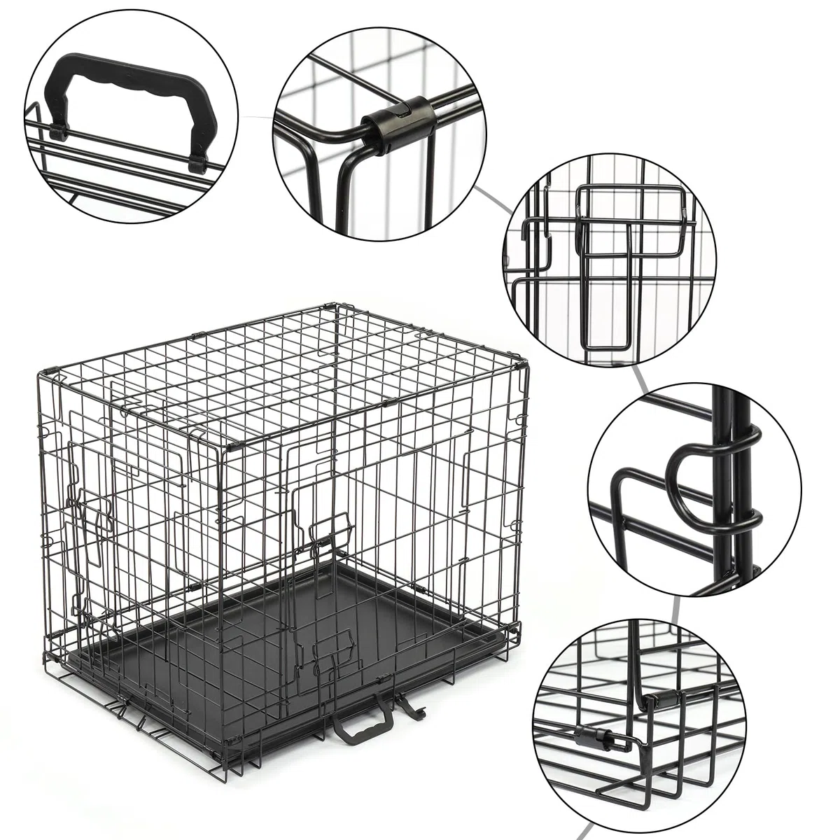 Bonnlo Cage de Chien Pliable avec 2 Portes Verrouillables et Plateau Amovible, Cage Chien en Métal, Cage de Transport pour Chien, Noir, 60 x 43 x 50 cm