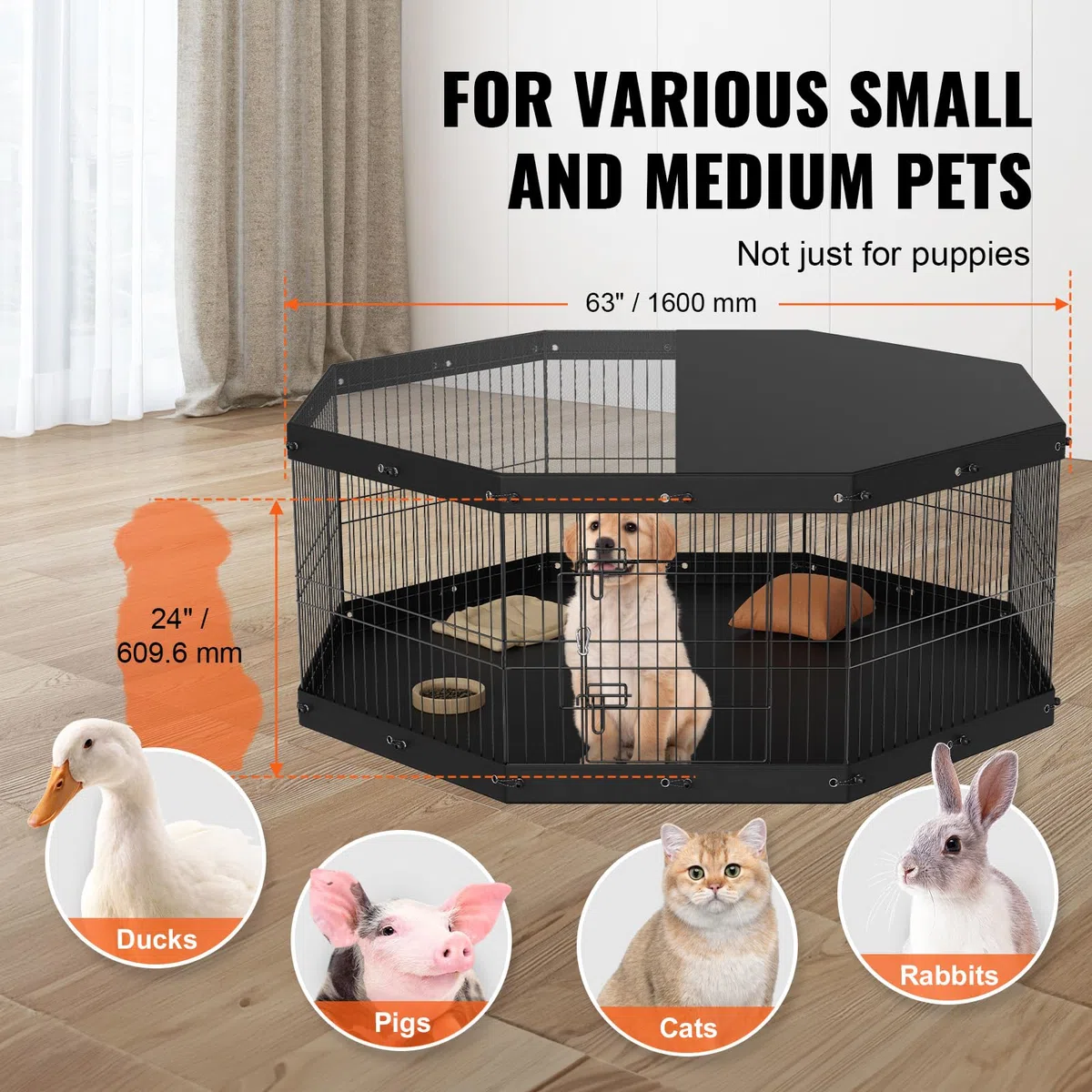 VEVOR Parc pour Chien 61 cm Enclos Lapin Chat Chiot avec Couverture Supérieure et Tapis Clôture pour Petits et Moyens Animaux de Compagnie 8 Panneaux Pliants en Métal pour Extérieur Intérieur Camping