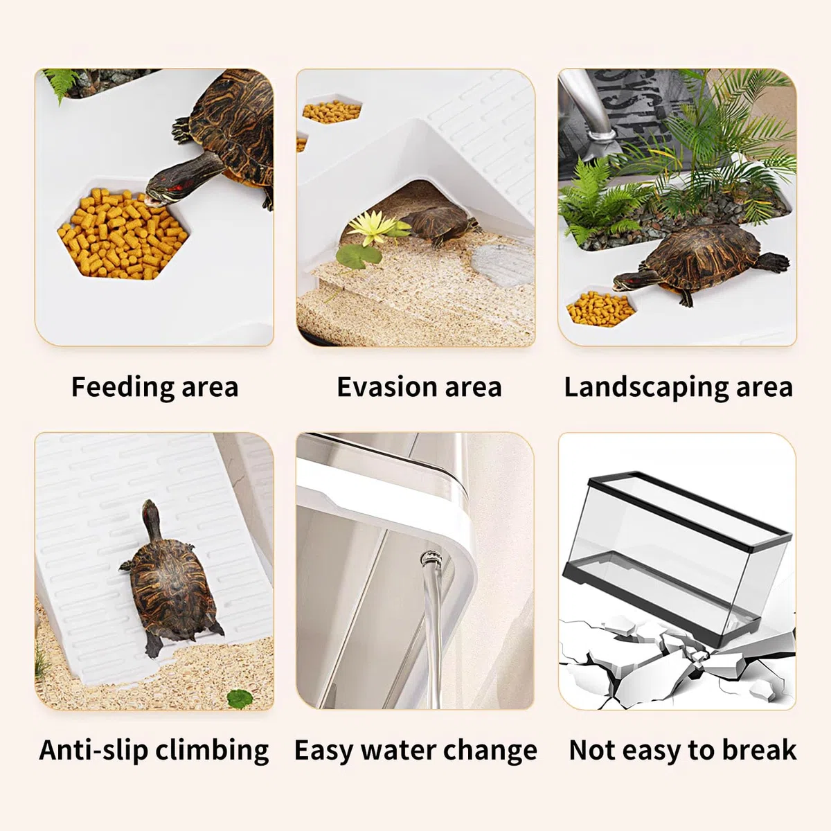 Aquarium pour Tortues avec Plate-Forme de Bain de Soleil et Drainage au Fond, Aquarium de 30 x 18 x 18,5 cm pour Jeunes Tortues, écrevisses, crabes, Amphibiens, Reptiles, Noir