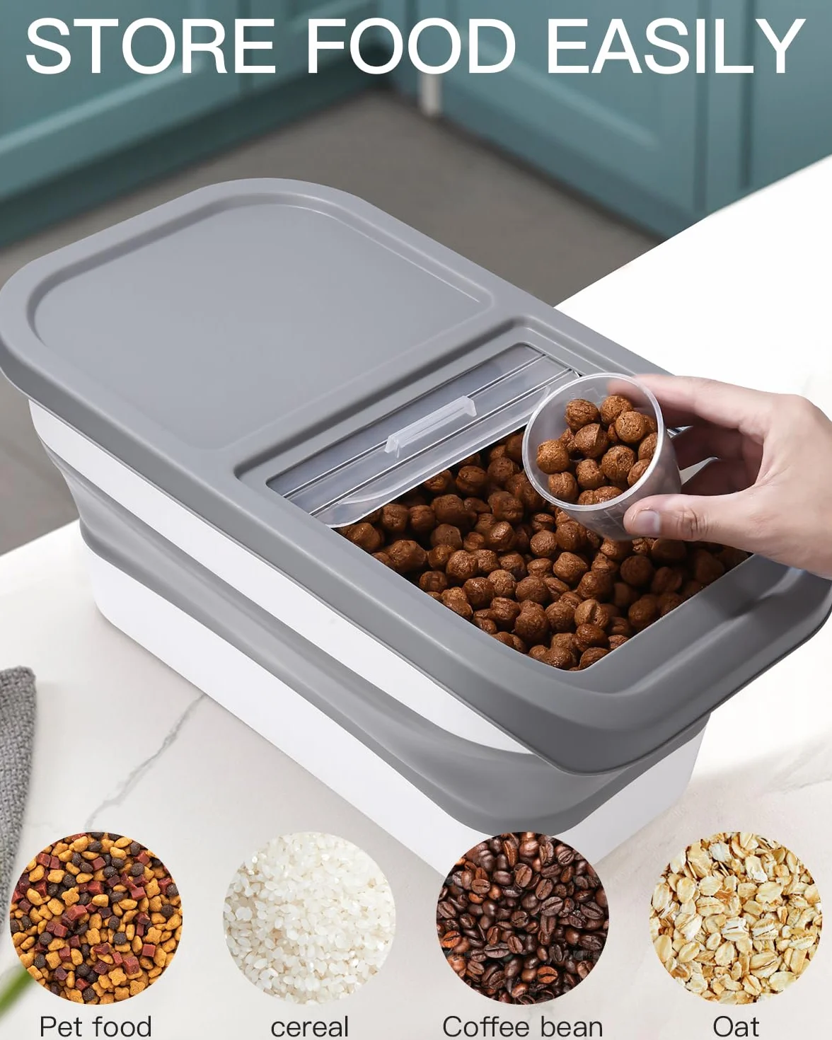 Zawaer Conteneur Croquette Nourriture pour Chien Chat 5KG, Boite à Croquettes Chien Seau de Stockage Pliable Container avec Cuillère Tasse à Mesurer pour Nourriture et Friandises Animaux.(gris)
