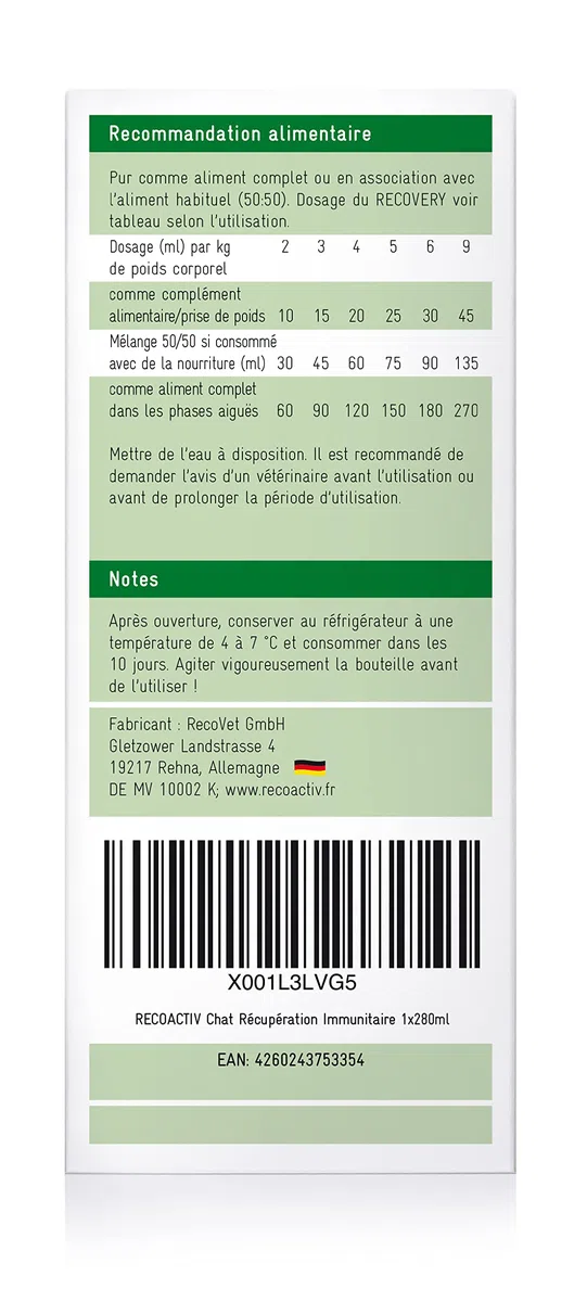RECOACTIV Recovery Immunitaire pour Chats, 1 x 280 ML, Alimentation diététique complète hautement calorique en Cas de dénutrition et de Convalescence Ainsi pour la Prise de Poids