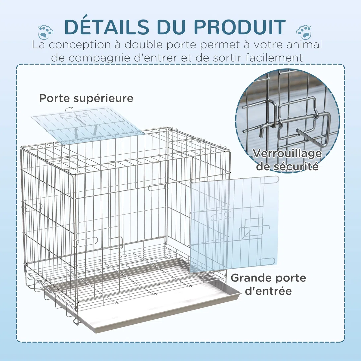 PawHut Cage pour Chien Pliable en Fil métallique avec Plateau Amovible, 1 Porte avec Serrure - 61 x 43 x 50 cm Blanc