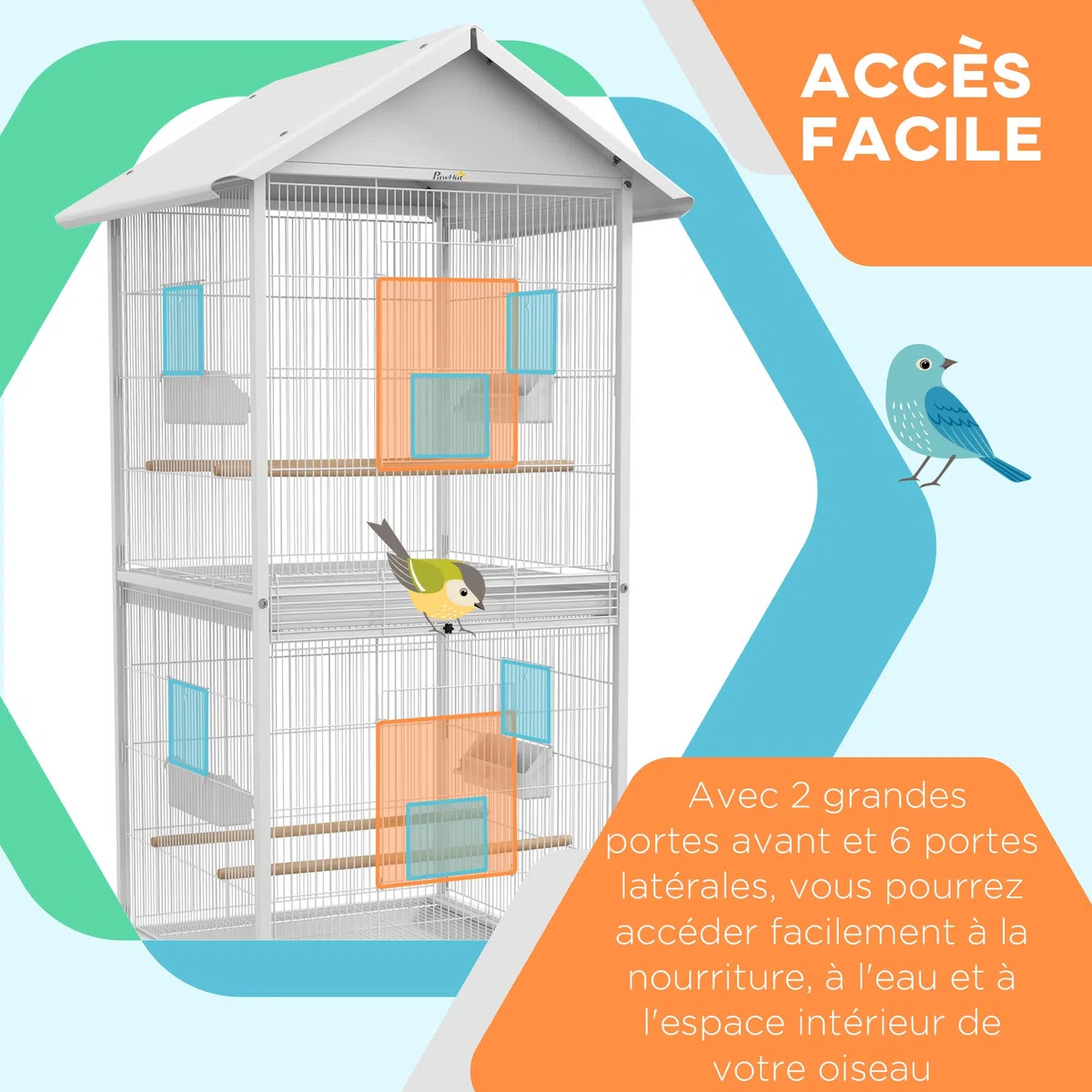 PawHut Volière Cage à Oiseaux sur roulettes Design Maison mangeoires perchoirs Portes Plateaux excréments Amovibles métal Blanc