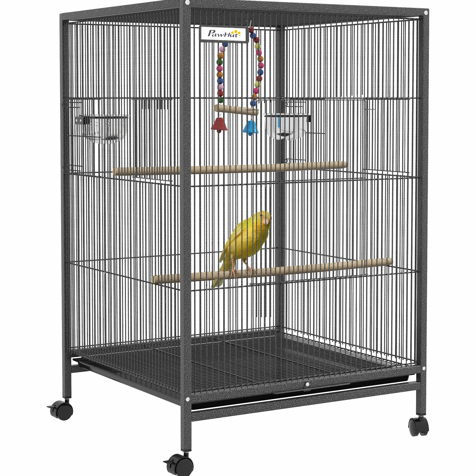 PawHut Cage à Oiseau sur Pied Cage sur roulettes avec balançoire, perchoirs, Portes, Bols et Plateau Coulissant, volière pour pinsons canaris inséparables, perruches 48 x 46 x 78 cm en Acier Noir