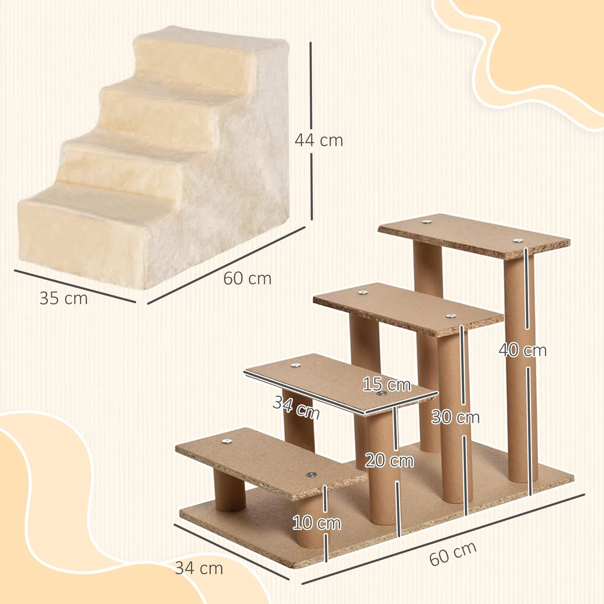 PawHut Escalier pour Chien à 4 Marches, Escalier pour Chat, Échelle Antidérapante pour Animaux de Compagnie, Housse Amovible et Lavable, 60 x 35 x 44 cm, Beige