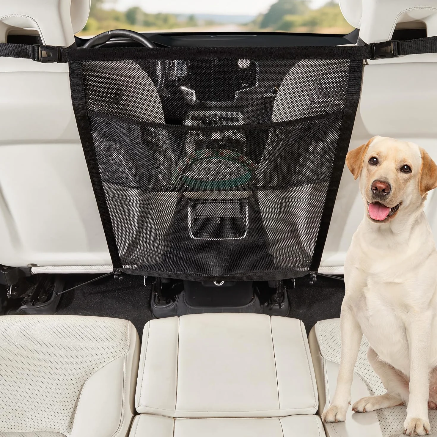 GGW Grille Pare-Chien pour Siège Arrière Voiture avec Poches, Universel | Filet de séparation pour siège avant. Barrière de sécurité contre les chiens pour siège arrière. Ajustement universel.