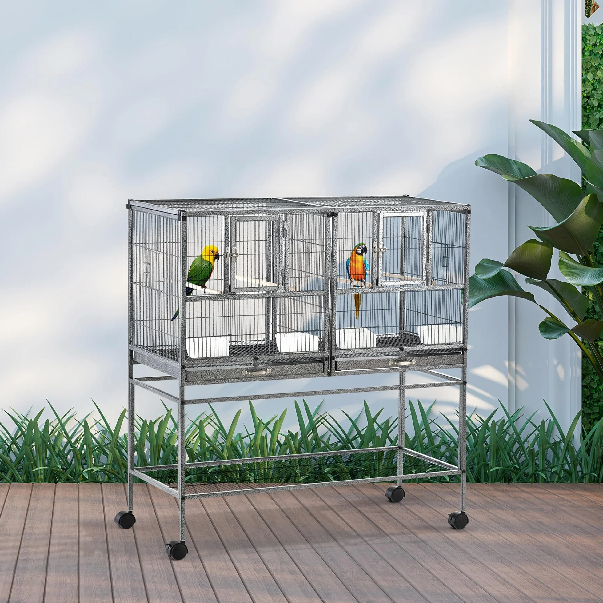 PawHut Cage à Oiseaux avec séparation mangeoire et perchoir 95L x 45,5l x 102H cm Noir et Gris