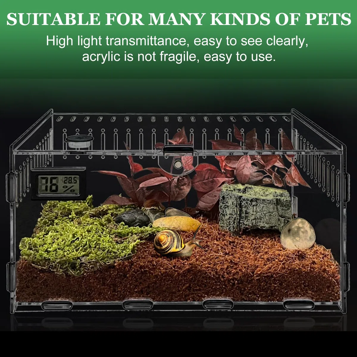 Boîte d'alimentation D'insectes,30*20*15cm Terrarium Transparent Avec Compteur Electronique De Température Et D'humidité,Terrarium Acrylique,Boîte à Nourrir En Pour Reptiles Pour Insectes,Escargots