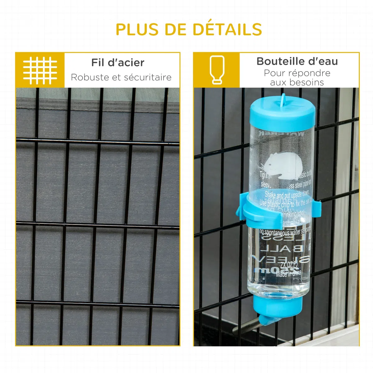 PawHut Clapier Cage à Lapin - Cage à Lapin intérieur Niche, Plateau déjection, Porte et Toit ouvrant verrouillables, Abreuvoir - Acier Noir Sapin Gris Blanc