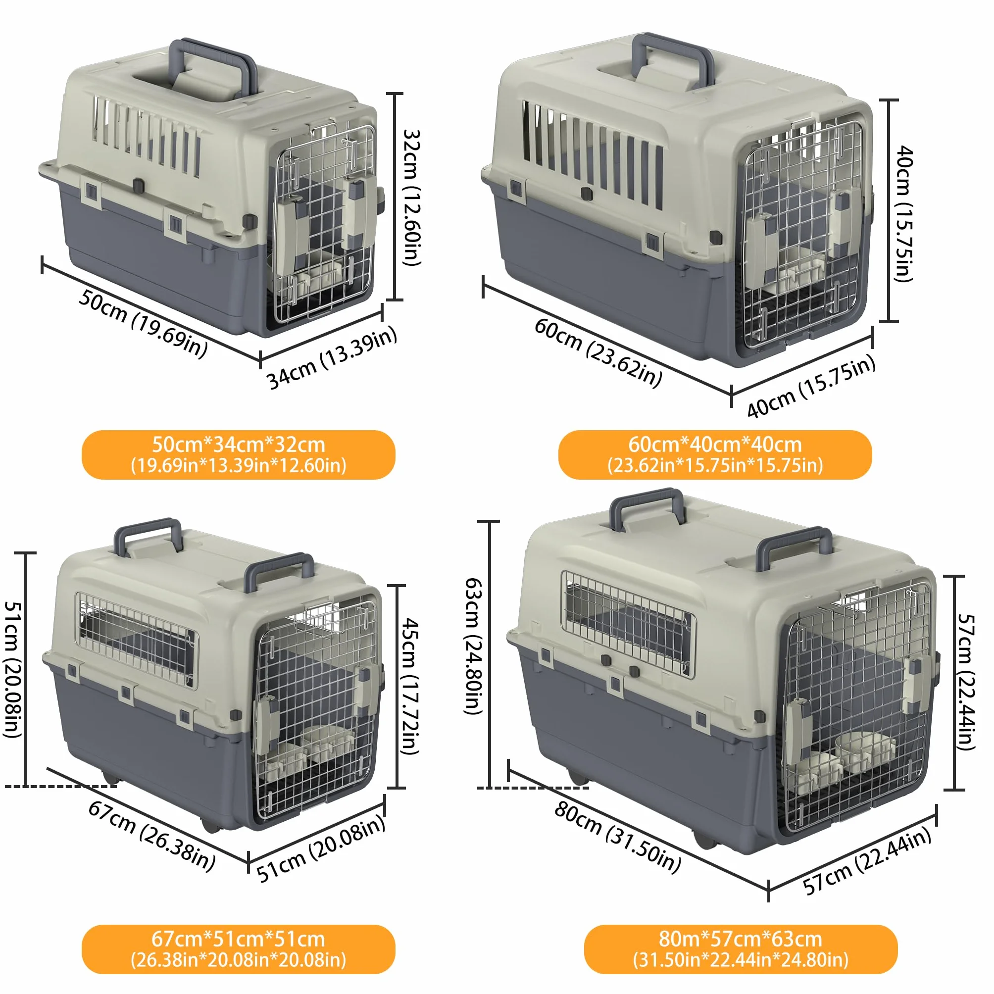 Boîte de transport en plastique pour chien et chat - 60 x 39,5 x 44 cm - Avec récipient de nourriture et séparateur d'urine - Boîte de transport pour animaux - Gris foncé