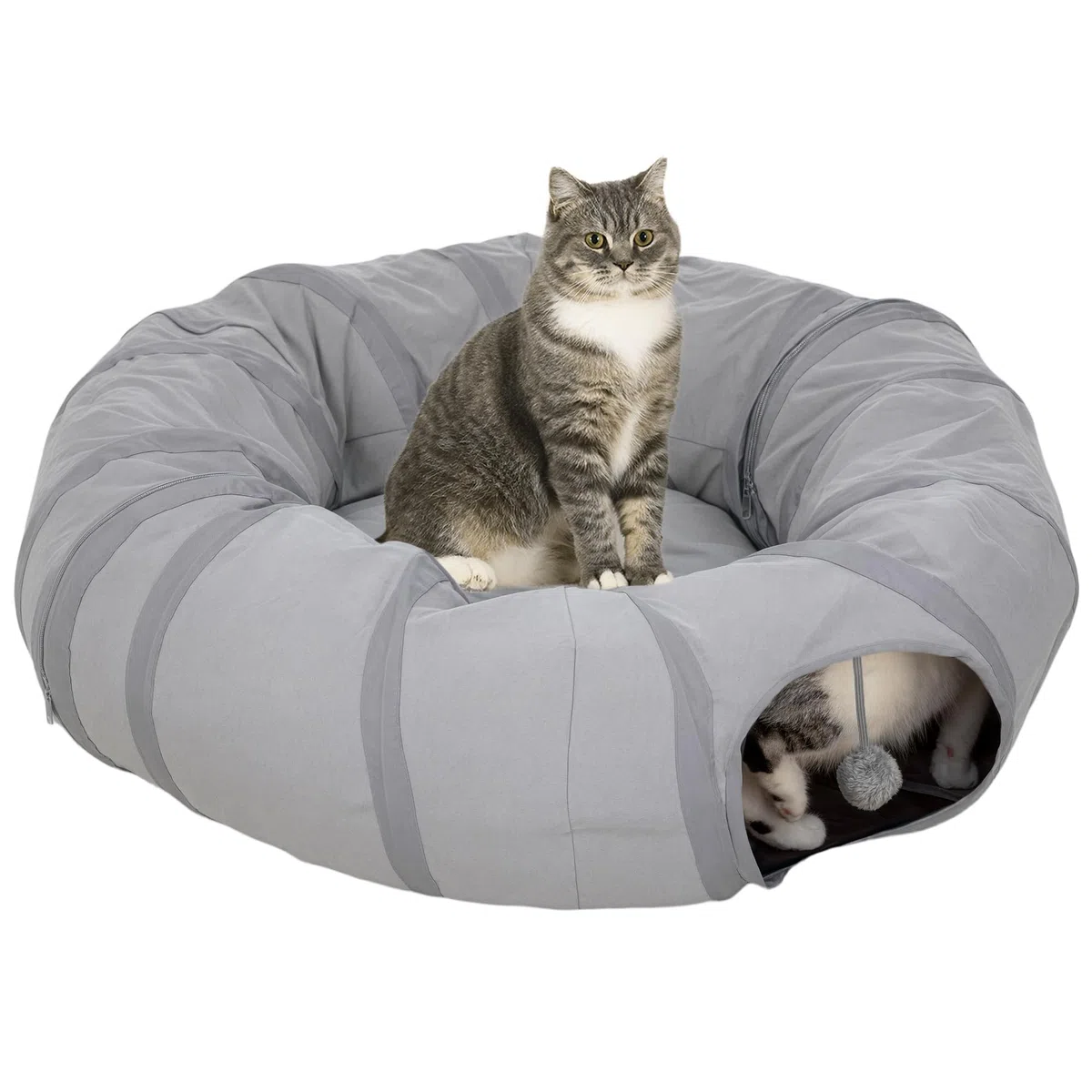 PawHut Tunnel pour Chat intérieur, Rond Tunnel avec lit Pliable avec Coussin, Trous pour balles et Judas, en Tissu suède Doux, Jeux interactifs pour Chatons, Chiots, Lapins et Petits Animaux, Gris