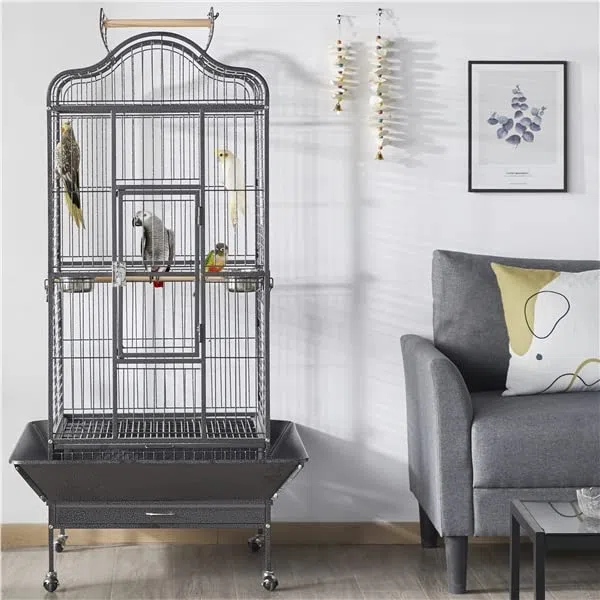 Abician Grande Cage Oiseaux pour Perroquet Grande Cage à Oiseaux exquise avec Toit Ouvrable 81 x 77 x 154 cm Noir