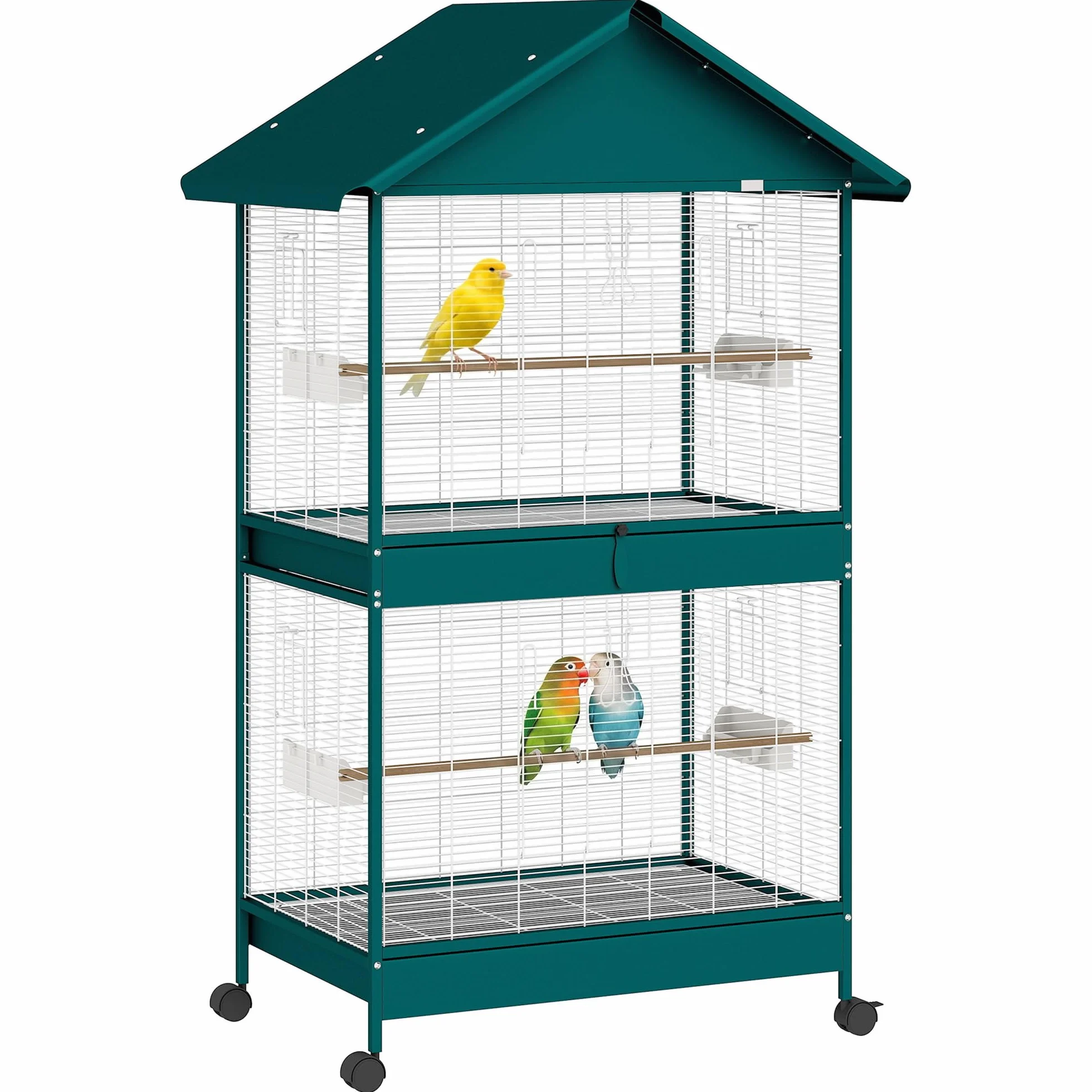 PawHut Grande Cage à Oiseaux Roulante, Volière Oiseaux Intérieur/Extérieur, Séparateur Amovible, 4 Mangeoires, 2 Perchoirs, 2 Plateaux, 94x70x158 cm