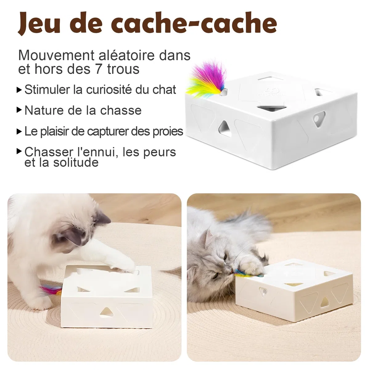 Migipaws Jouet pour Chat, Jouet interactif Automatique à 7 Trous pour Souris, Jouet d'éveil Ultra Amusant pour Les Chats d'intérieur, Rechargeable par USB, 4 pièces de Plumes