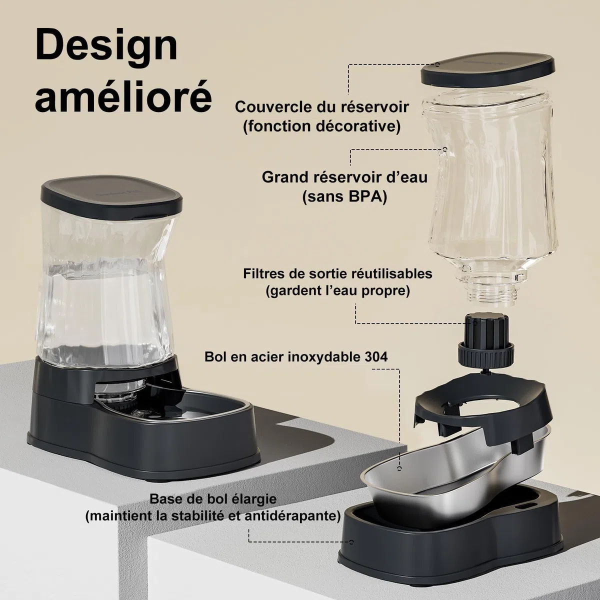 Gardner Pet 3.85L Distributeur Eau Chat Automatique, Gamelle Chat Automatique par Gravité, Distributeur Eau Chien avec Gamelle en Acier Inoxydable, Pas d'électricité, sans BPA (Gris)