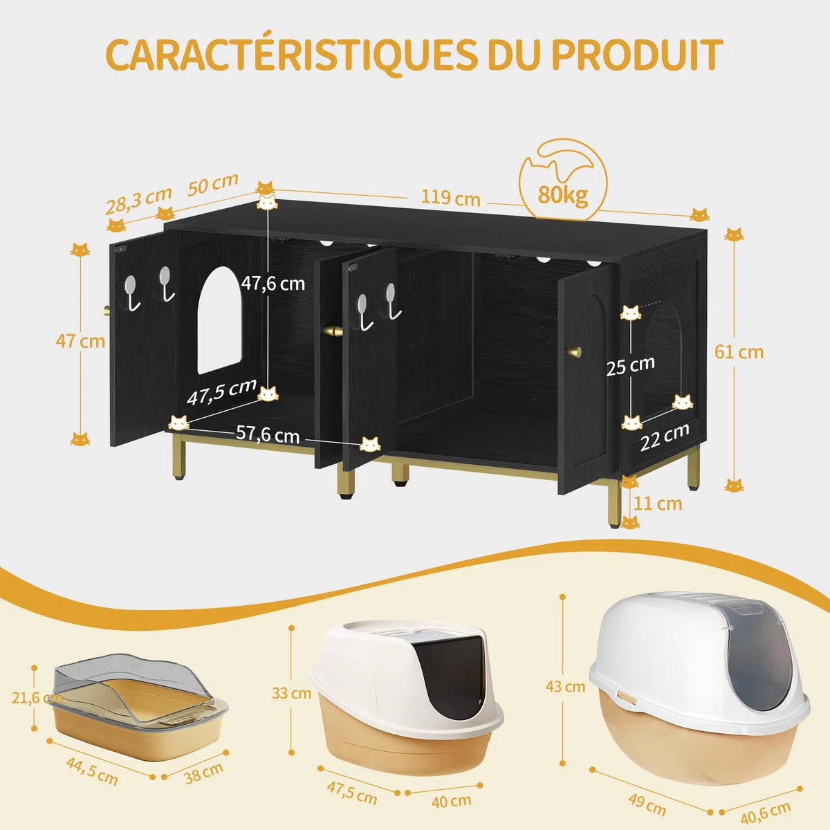 Hzuaneri Maison de Toilette Chat pour 2 Chats, Meuble de Litière Caché de 119cm, Banc de Rangement, Convient à la Plupart des Litières por, Noir et Or CB82304A