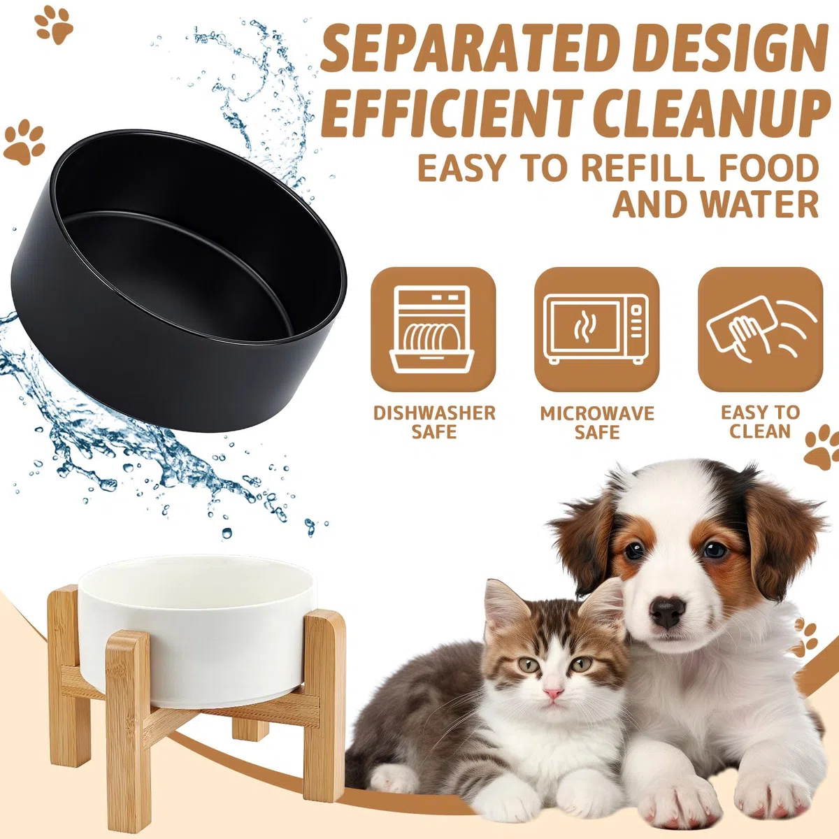 2 gamelle Surélevée en Céramique de 15cm pour Chien Gamelles Surélevées pour Chiens avec Support en Bois Antidérapant Gamelles Robustes pour et Eau aux (Noir et Blanc)