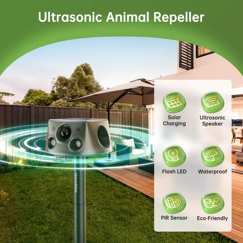 Répulsif Chat Extérieur, Repulsif Ultrason Chat, Solaire Ultrason Anti Chat Chien, Charge de Solaire, Répulsif Chat Chien Jardin pour Chats, Pigeon, Oiseaux, Renard, Rat, 3 Modes
