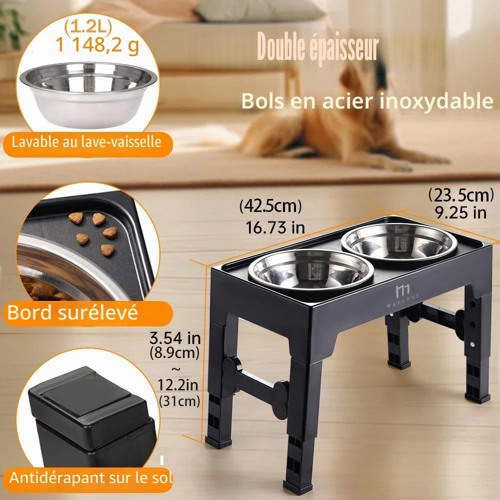 Marchul Gamelle Chien Surélevées de 4 Hauteurs Ajustables, Gamelle pour Chien avec 2 Bols en Acier Inoxydable, Pliable, Antidérapant, Convient aux Petits, Moyens et Grands Chiens