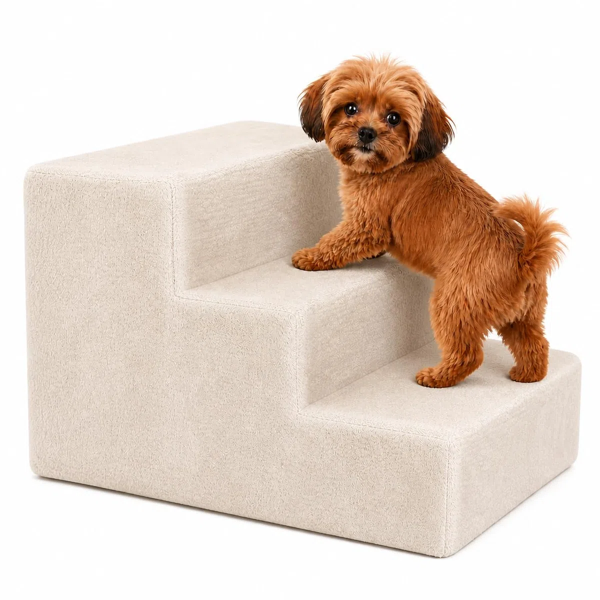 lionto Escalier pour Animaux avec Housse en Peluche, 46x36x34 cm, marchepied Robuste, Doux pour Les articulations, Housse Amovible et Lavable, supporte Jusqu’à 50 kg, Beige