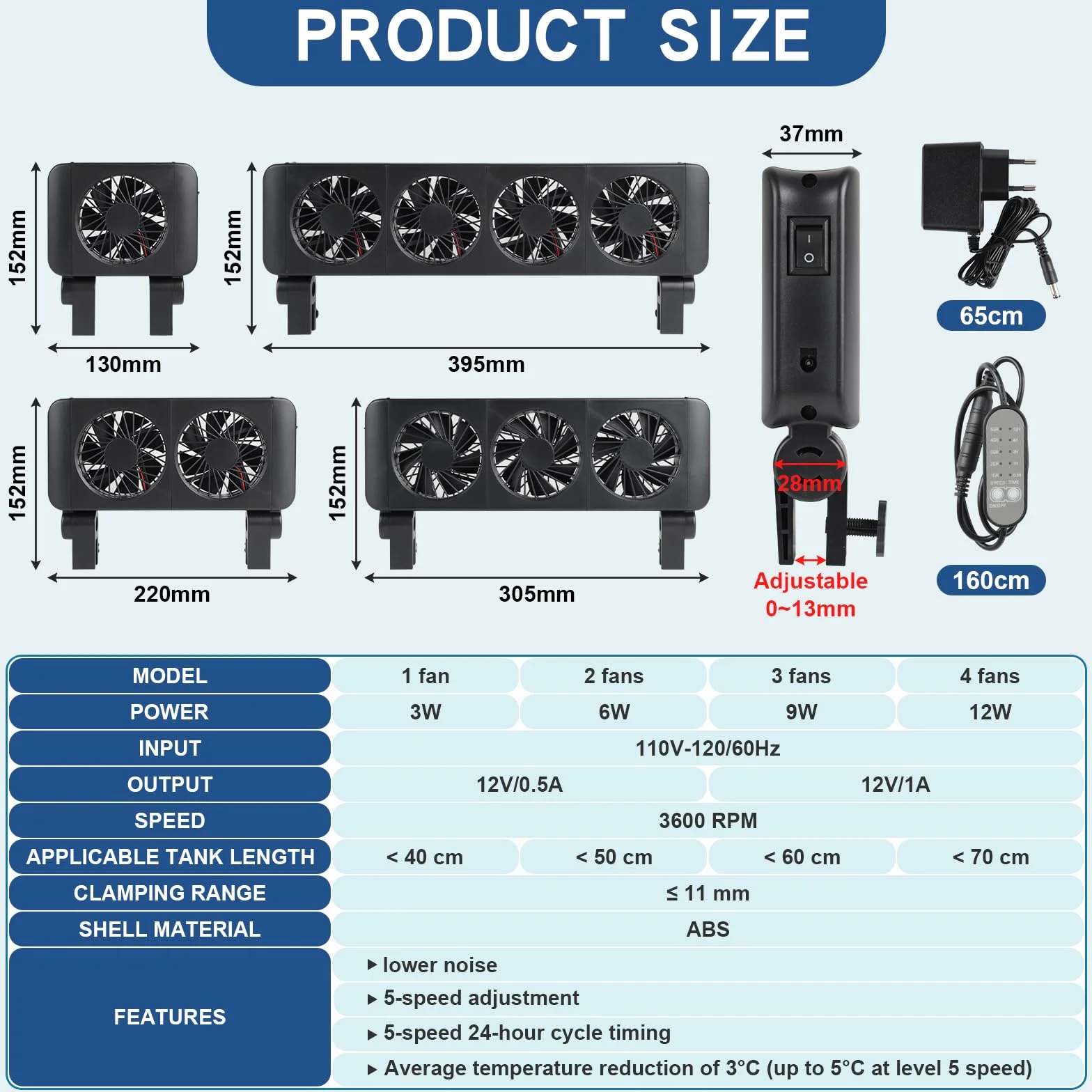 efuturetime Ventilateur Aquarium 3W, 5 Vitesses Réglables, Faible Bruit, Ventilation à Pince avec Minuterie pour Aquarium de 40cm, 1 Tête