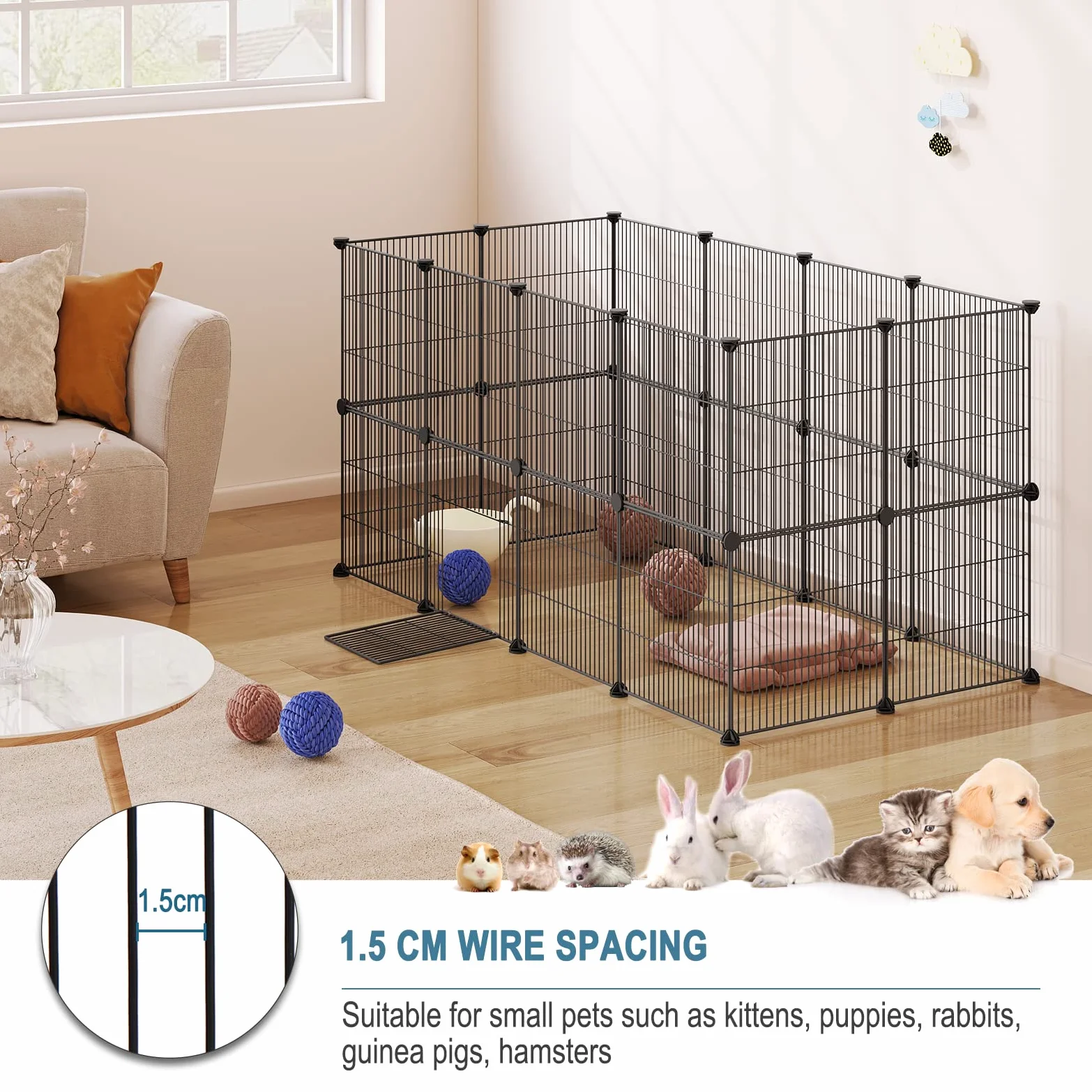 EUGAD Lot de 24 Enclos Lapin avec Porte, Modulable Enclos Lapin Intérieur, DIY Parc pour Petits Animaux, Clapier Métallique, Clôture Réglable pour Lapins Hérissons Furets 142x72x72CM