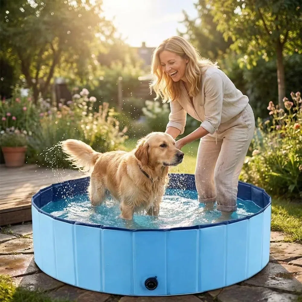 Piscine Pliable Chien, Hauteur 30 cm,Dog Paddling Pool avec bonde,Foldable Pet Pool,PataugeoireChien,Piscine Portable Chien,en PVC résistant aux Rayures (100cm)