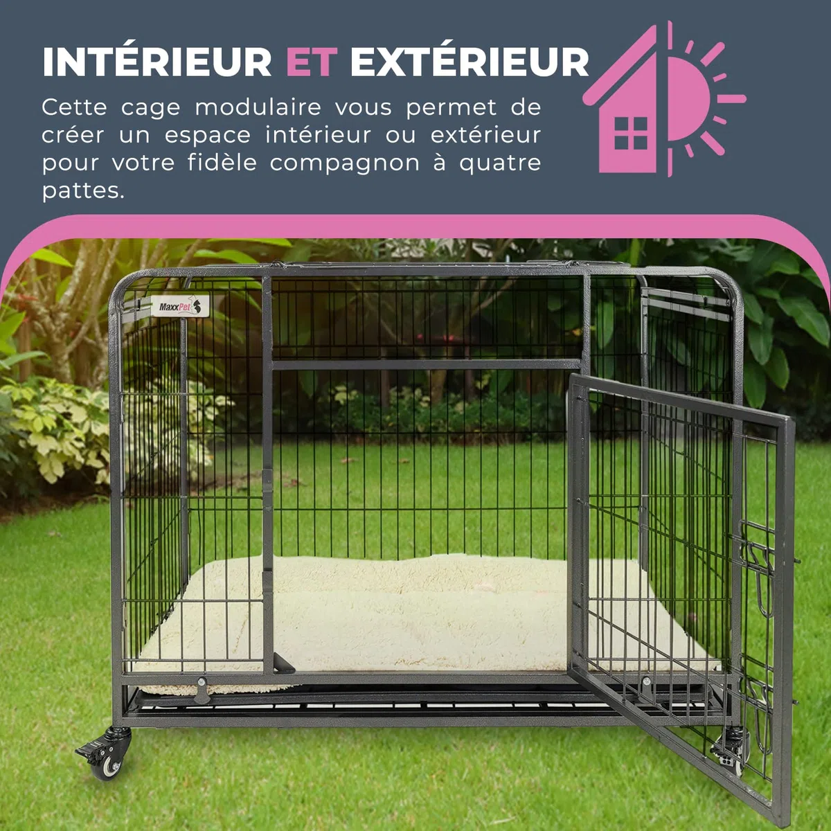 MaxxPet Cage pour Chien - Cage Pliable en Métal pour Chien - Caisse De Transport pour Chien XXL - avec Plaid Luxueux et roulettes - Convient pour Le Transport - 94x58x70 cm - Gris