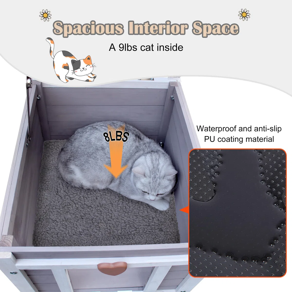 Maison de Chat d'extérieur avec Tapis, Maison de Chat Exterieur en Bois,Sauvage extérieure résistant aux intempéries, Petite Maison en Bois avec Tapis 42 x 51 x 43 cm (Gris)