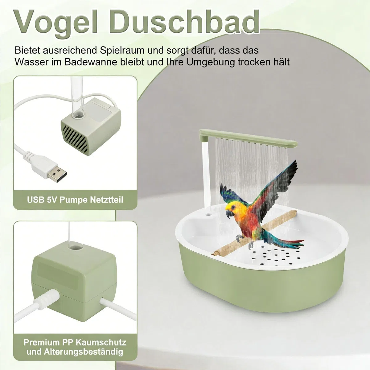 Bain d'oiseaux 32 x 26 cm pour perruches en polypropylène Vert Style frais Circulation automatique de l'eau de pluie Douche d'oiseaux avec 26 sorties d'eau pour