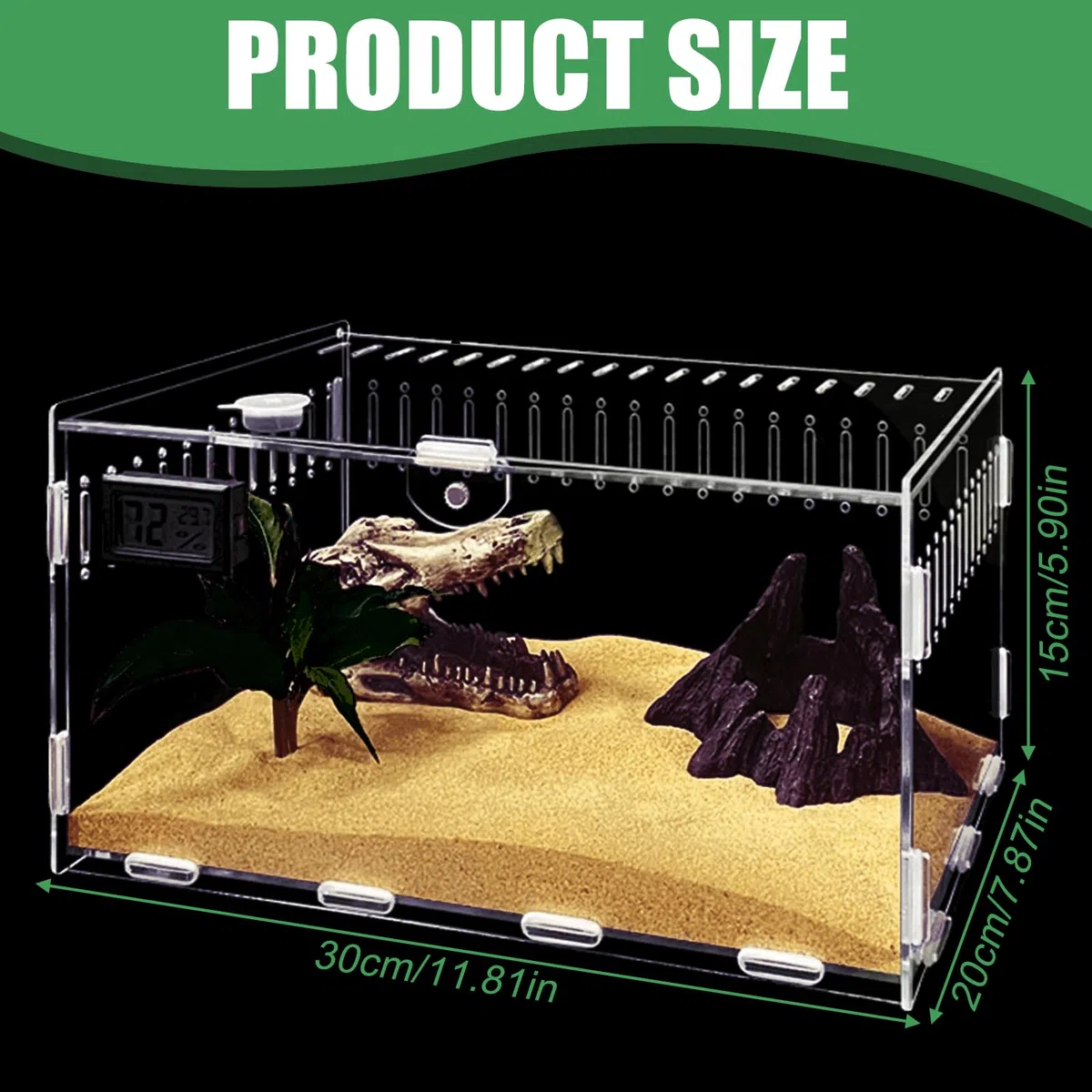 Boîte d'alimentation D'insectes,30*20*15cm Terrarium Transparent Avec Compteur Electronique De Température Et D'humidité,Terrarium Acrylique,Boîte à Nourrir En Pour Reptiles Pour Insectes,Escargots