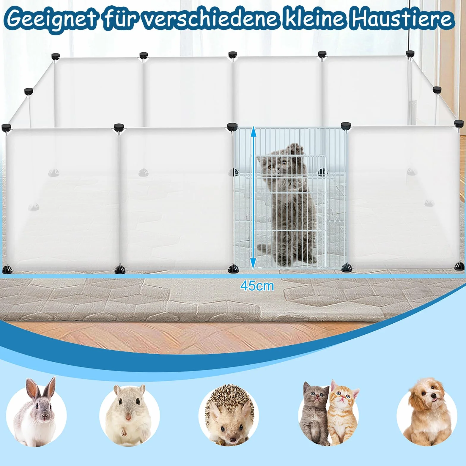 YRHome Enclos pour animaux de compagnie avec grille pour lapins, cochons d'Inde et hamsters - 12 panneaux avec portes - Blanc - 145x75x48cm