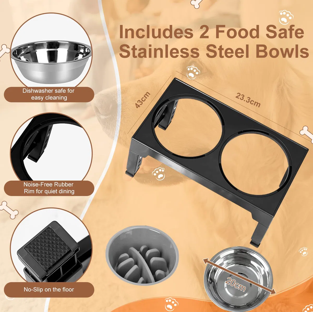 Gamelle Surélevée Réglable, 4 hauteurs, Pliable & antidérapant | Protège cou et articulations, réduit le risque d'ingestion rapide – station repas ergonomique pour une alimentation saine