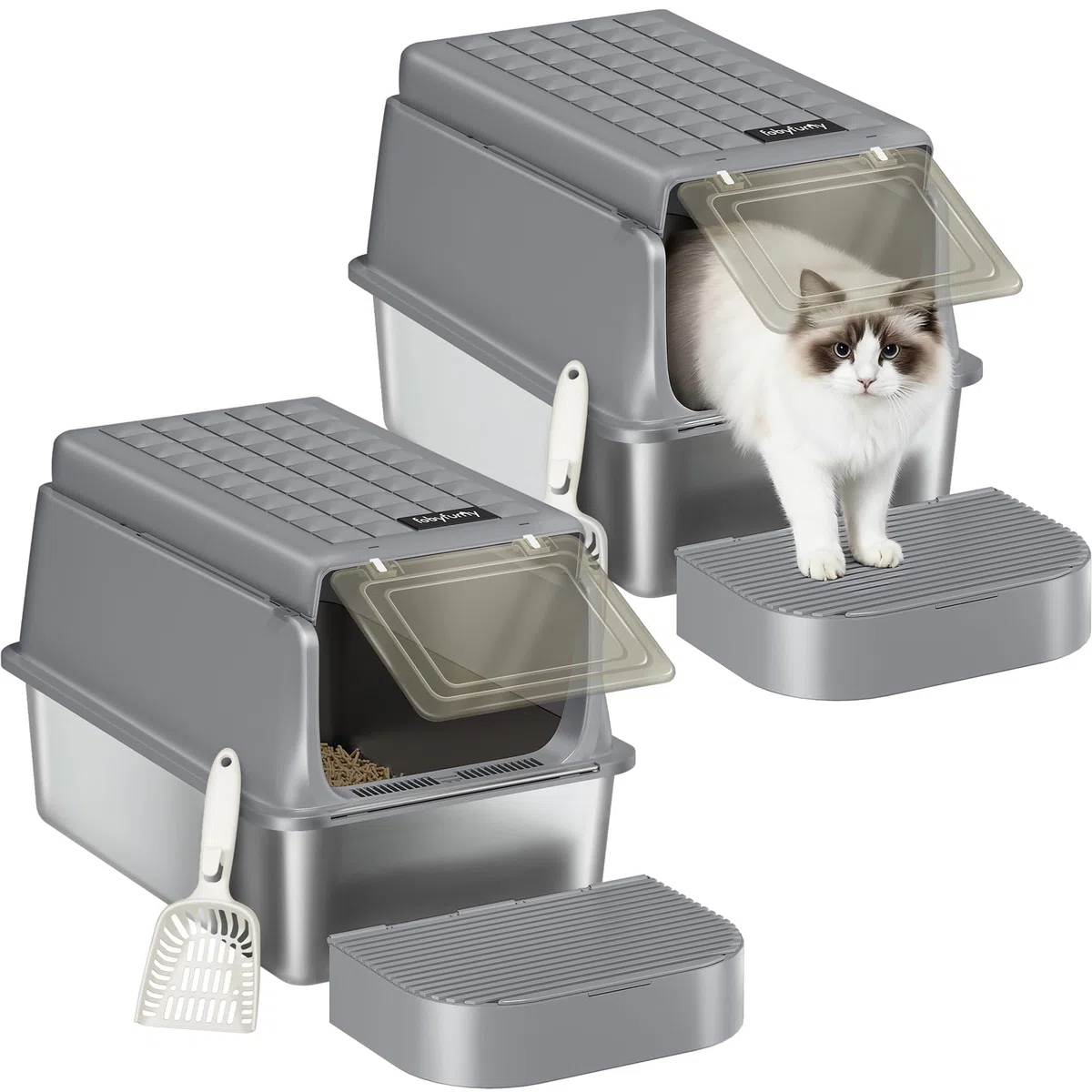 Bac à Litière pour Chat INOX avec Couvercle Lot de 2, 60x40x38,5cm, Bac Litière pour Chat XXL, avec Pelle à Litière et Marchepied, Amovible, 120° Couvercle Rabattable, Gris Foncé FPLB002SG2