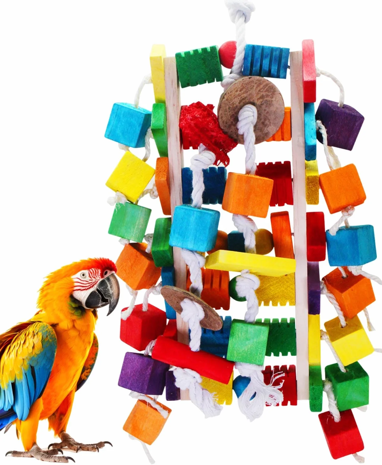 MQUPIN Grands jouets pour perroquet, blocs en bois colorés de différentes formes, 55,9 cm, jouets pour perroquets gris africains, amazons, cacatoès et aras