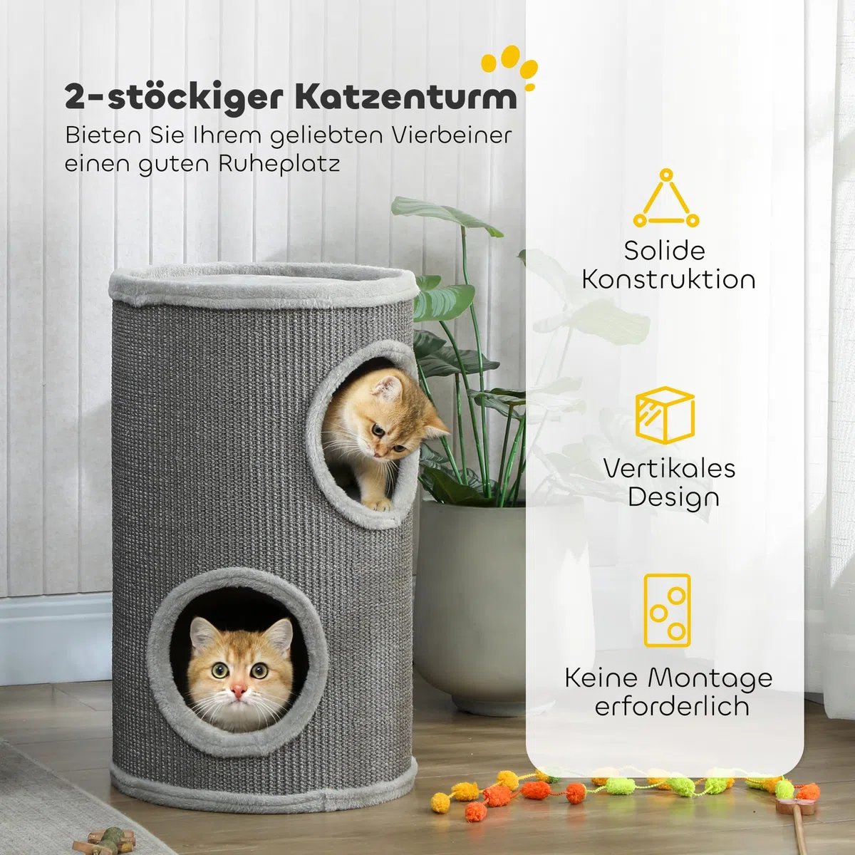 PawHut Arbre à Chat, 60 cm de Haut, Ø 35 cm, Deux étages avec 2 niches, Bordure en Peluche, Tour pour 1 à 2 Chats jusqu'à 5 kg, Gris Clair
