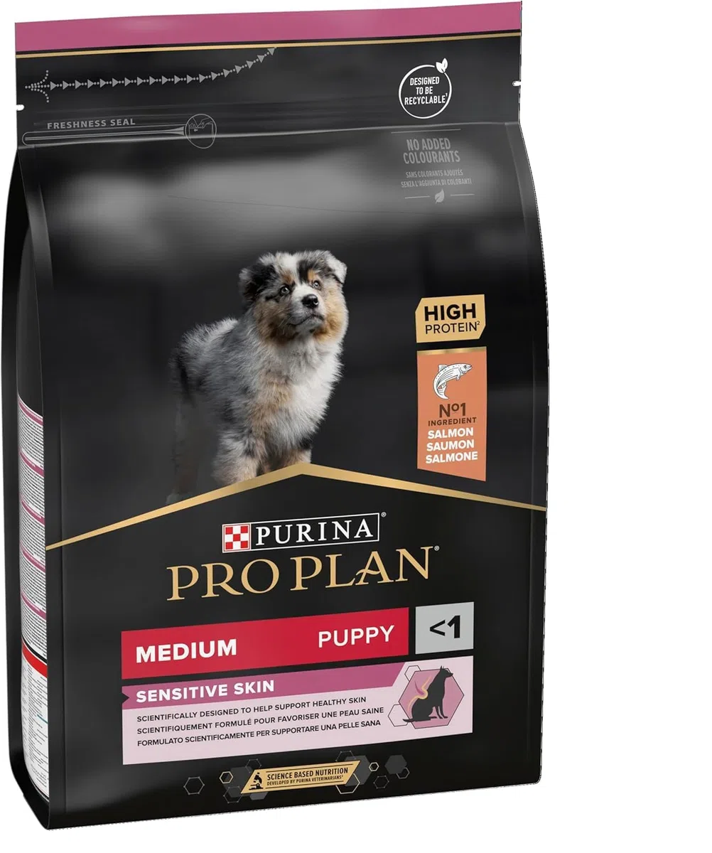 PURINA PRO PLAN | Sensitive Skin | Croquettes complètes pour chiot de moyenne taille | Favorise une peau saine et un pelage brillant | Au Saumon | Croquettes | Sac | 3 Kg
