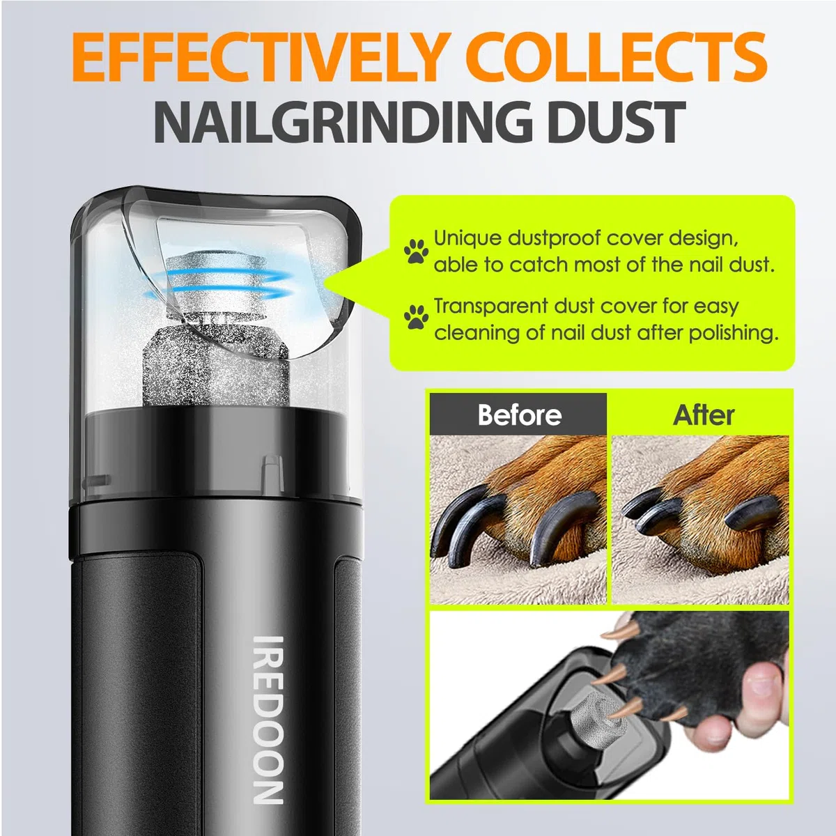 IREDOON Lime à Ongles Chien, Coupe-Ongles électrique Rechargeable Professionnel à 3 Vitesses pour Animaux de Compagnie avec 4 lumières LED, Silencieux (40DB) avec Capuchon Anti-poussière (Noir)