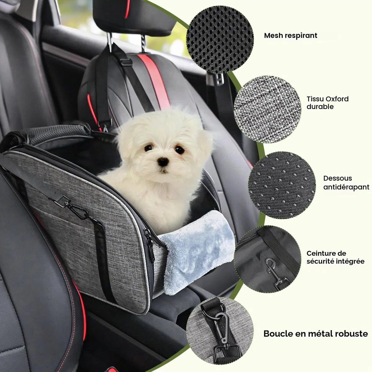 Siège Auto pour Petits Chiens Chats – Console Centrale Siège Auto Chien, Siège Portable avec Double Ceinture de Sécurité et Dessous Antidérapant, Coussin Lavable, Sac de Rangement, Gris