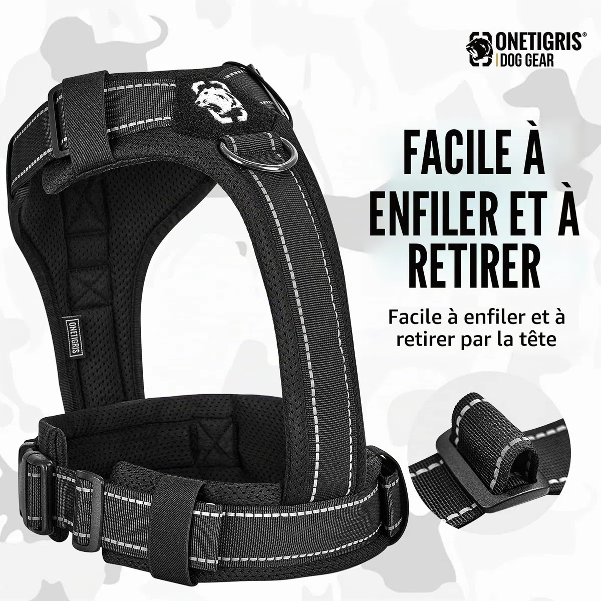 OneTigris Harnais tactique réglable Diesel - Harnais tactique doux et rembourré pour chiens de taille moyenne et grande taille - Avec réfléchissant, 1 poignée, 3 anneaux en D (noir, taille M)