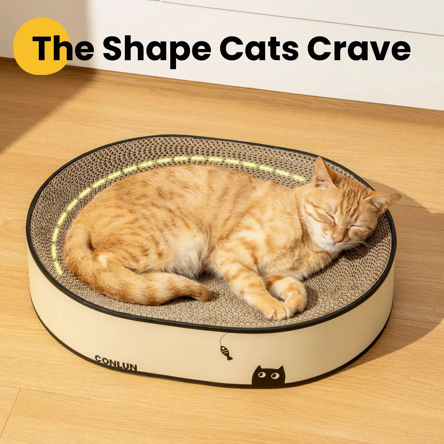 Conlun Griffoir Chat Carton Ovale & Lit 2-en-1 - Grattoir Incurvé Ergonomique pour Repos et Jeu - Carton Ondulé Haute Densité - Protection Canapé Design avec Herbe à Chat (43x33x10cm)